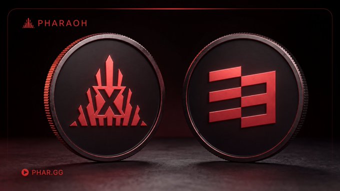 Two cryptocurrency coins labeled 'PHARAOH' with red logos on a dark background, displaying the website PHAR.GG.