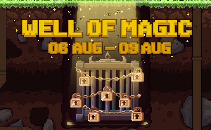 A pixel art game graphic titled 'WELL OF MAGIC' with dates '08 AUG - 08 AUG' showing a gated well with multiple padlocks in an underground setting.