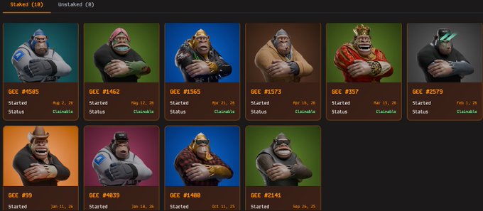A dashboard displaying 10 collectible character cards (named 'GEE') showing various versions of a gorilla character, each with a unique number (e.g., #4585, #1462, #565), start dates, and a 'Claimable' status, organized under 'Staked' and 'Unstaked' tabs.