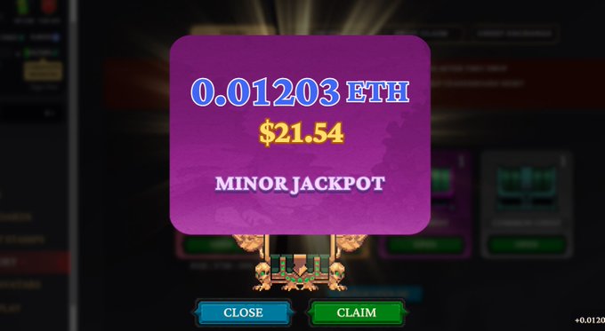 A digital pop-up screen displays a 'MINOR JACKPOT' winning of '0.01203 ETH' worth '$21.54', with 'CLOSE' and 'CLAIM' buttons visible below.