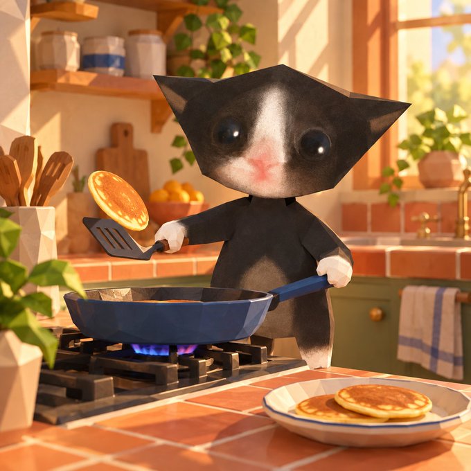 A low-poly 3D rendered cat with oversized eyes stands on hind legs flipping a pancake in a sunny kitchen, with more pancakes on a nearby plate.