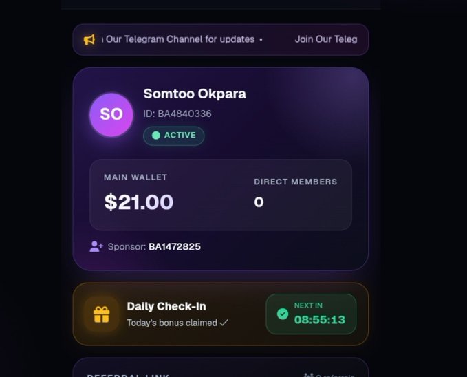 A digital wallet interface shows a user named 'Somtoo Okpara' (ID: BA4840336) with a main wallet balance of $21.00, active status, zero direct members, and a daily check-in bonus already claimed with next available in 08:55:13.