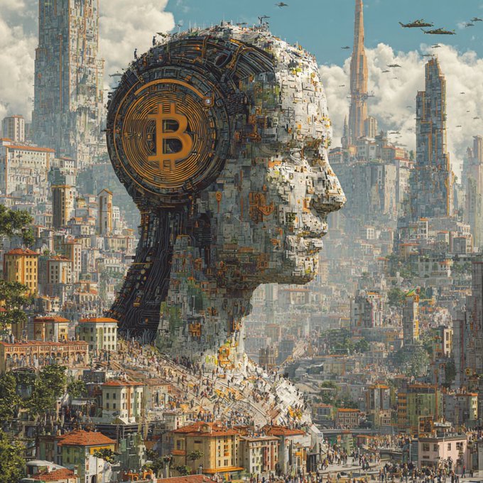 A surreal digital artwork depicts a colossal human head composed of intricate city-like structures, featuring a large Bitcoin symbol on its side, set against a sprawling futuristic metropolis.