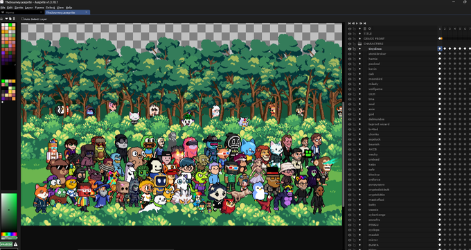 Screenshot of pixel art editor (Aseprite-like) displaying a dense forest scene with numerous small character sprites, with a layers panel on the right listing various layer names.
