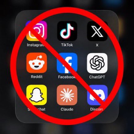 A smartphone screen displaying various social media app icons (Instagram, TikTok, X, Reddit, Facebook, ChatGPT, Snapchat, Claude, Discord) covered by a red prohibition symbol, suggesting a ban on social media.