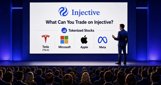 Promotional image for Injective showing 'What Can You Trade on Injective?' with Tokenized Stocks including Tesla (TSLA), Microsoft, Apple, and Meta displayed on a stage screen.