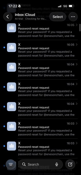 A screenshot of an iPhone inbox showing multiple 'Password reset request' emails from X for @enesonchain, all received between 16:03 and 16:05.