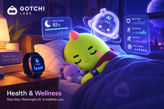 A Gotchi Labs promotional graphic featuring the tagline 'Health & Wellness: Real data. Meaningful AI. A healthier you.' with a sleeping character and smartwatch displaying sleep tracking metrics at 92% sleep quality.