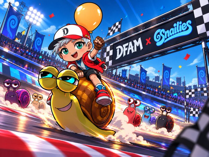 An animated illustration shows a cartoon boy with white hair and a red cap riding a smiling yellow snail in a colorful racing stadium, with text reading 'DFAM x Snailies' on the overhead banner.