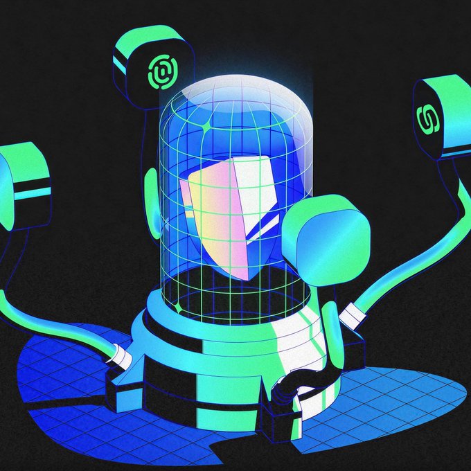 A neon-styled digital illustration depicts a cylindrical containment vessel with a glowing shield inside, flanked by robotic arms with "G" logos, set against a black background. The imagery of a protected, high-tech vault metaphorically represents the Trust Wallet Agent Kit being positioned as foundational security infrastructure within BNB Chain's Agent Studio, elevated to protocol-level status alongside standards like ERC-8004.