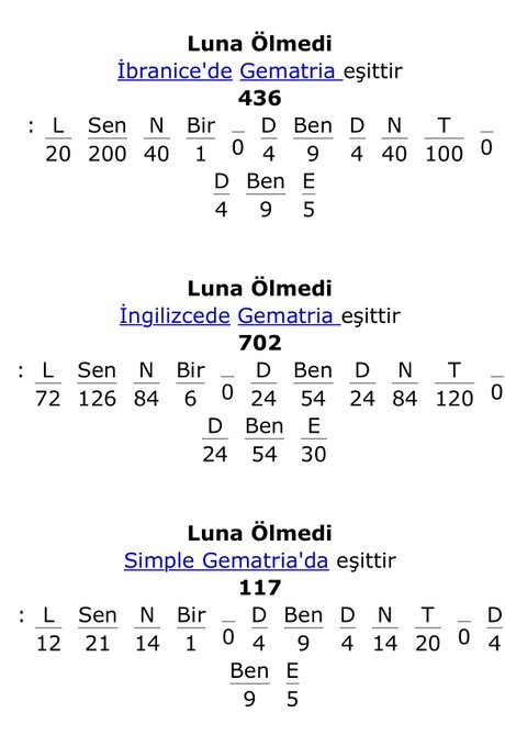 The image displays Gematria calculations for the phrase "Luna Ölmedi" (meaning "Luna did not die") across three languages: Turkish (İbranice/Hebrew, equals 436), English (İngilizce, equals 702), and Simple Gematria (equals 117), with each word broken down into numerical values. This numeric analysis connects to the post's narrative about Psalm 10 and themes of transformation and justice, likely serving as symbolic reinforcement for the mentioned cryptocurrency tickers like LUNC and LUNA.