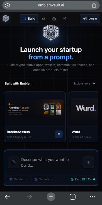A mobile screenshot of the emblmvault.ai website with the heading 'Launch your startup from a prompt', showcasing options to build crypto-native apps with examples like 'RareBtcAssets' and 'Wurd'.