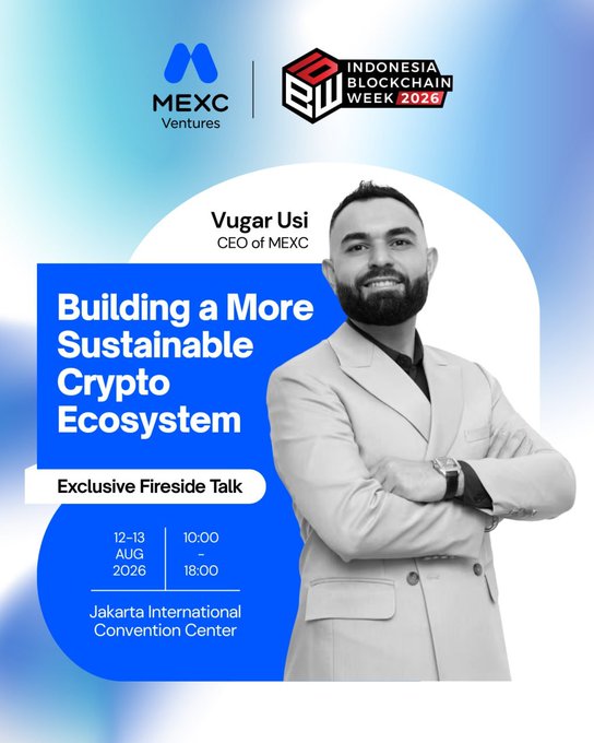 A promotional graphic for MEXC Ventures at Indonesia Blockchain Week 2026, featuring Vugar Usi, CEO of MEXC. The event is an 'Exclusive Fireside Talk' titled 'Building a More Sustainable Crypto Ecosystem' scheduled for 12-13 August 2026, 10:00-18:00 at Jakarta International Convention Center.
