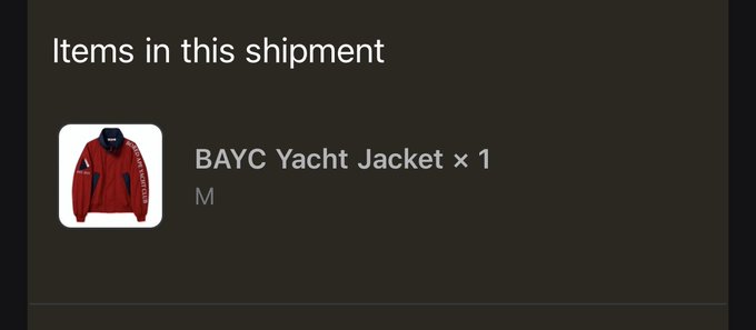 Screenshot of a shipment notification showing a red 'BAYC Yacht Jacket' (size M) as the only item in the shipment.