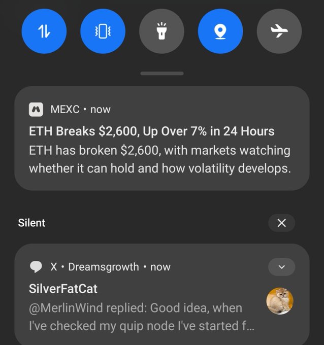 A screenshot of a smartphone notification panel showing crypto and social alerts, including 'ETH Breaks $2,600, Up Over 7% in 24 Hours' from MEXC and a reply notification from SilverFatCat.