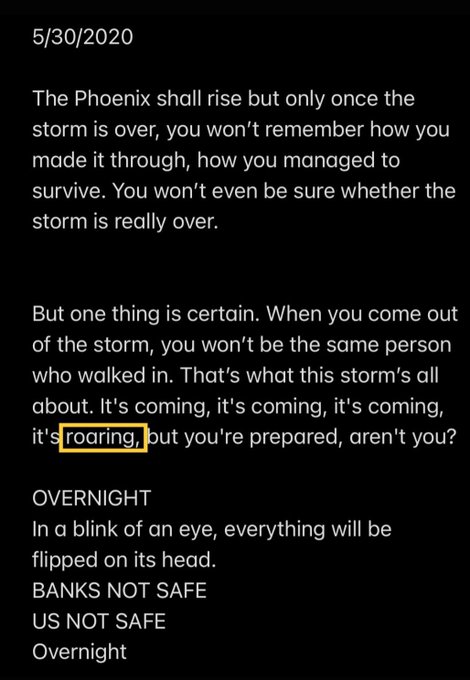 A dark screenshot dated 5/30/2020 containing a prophetic message about a 'Phoenix' rising after a 'storm', with warnings like 'BANKS NOT SAFE', 'US NOT SAFE', and 'OVERNIGHT'.