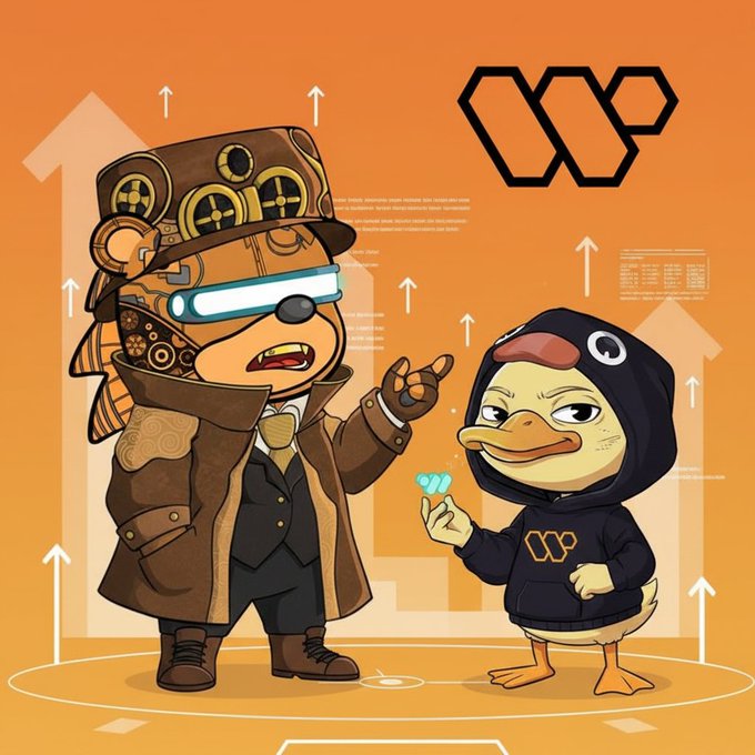 The image features a cartoon bear wearing a brown suit, standing next to a cartoon duck dressed in black with a hoodie. The bear appears to be giving advice or instructions to the duck, who seems to be listening attentively. The background of the image is orange and white, which complements the colors of the characters' outfits. The post includes text that reads "gmornin @wallchain quacks hittin different once the routine locks in energy on point and bags gettin heavy x score movin up steady consistency the real key here man 6.9 mil already paid out to creators real engagement always wins community nabz feelin strong".