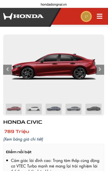 A mobile view of hondadongnai.vn shows a red Honda Civic priced at 789 Triệu, with color options displayed below.