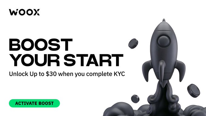 A WOOX promotional banner reading 'BOOST YOUR START - Unlock Up to $30 when you complete KYC' with a 3D rocket illustration and an 'ACTIVATE BOOST' button.