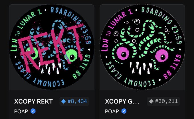 Two circular NFT art pieces titled 'XCOPY REKT' (#8,434) and 'XCOPY G....' (#30,211), both labeled POAP with text 'LON TO LUNAR I • BOARDING 23:59 • GATE 88 • ECONOMY CLASS'.