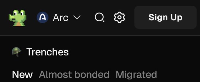 The image displays the GMGN platform's interface showing an "Arc" chain option in the dropdown menu, with a "Trenches" section featuring tabs for "New," "Almost bonded," and "Migrated" tokens—visually confirming the post's claim that Arc chain support has been added to GMGN ahead of an anticipated surge in Arc trenches activity.