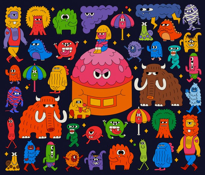 A colorful, whimsical illustration filled with cartoon monsters, mammoths, mummies, and various quirky creatures arranged around a central pink-domed character.