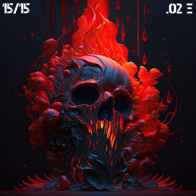 A stylized skull engulfed in red flames and surrounded by red coral-like organic forms against a dark background, with '15/15' in the upper left and '.02' in the upper right.