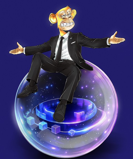 A cartoon illustration shows a humanoid monkey character wearing a black business suit and tie, sitting atop a glowing futuristic platform with a starry cosmic backdrop.