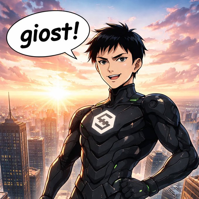 Anime-style illustration of a young man with dark hair wearing futuristic black armor with green accents, standing before a city skyline at sunset with a speech bubble reading 'giost!'.