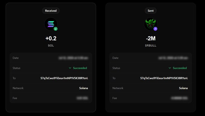 The image displays two cryptocurrency transaction receipts on the Solana network: a "Received" payment of +0.2 SOL and a "Sent" transfer of -2M $RBULL to the address 57qTsCwo9YiEeuv1mNPIVSK38RYsnL, both marked as Succeeded. This visually confirms the purchase of 2 million $RBULL tokens using 0.2 SOL, as advertised in the accompanying post promoting the RBULL token sale.