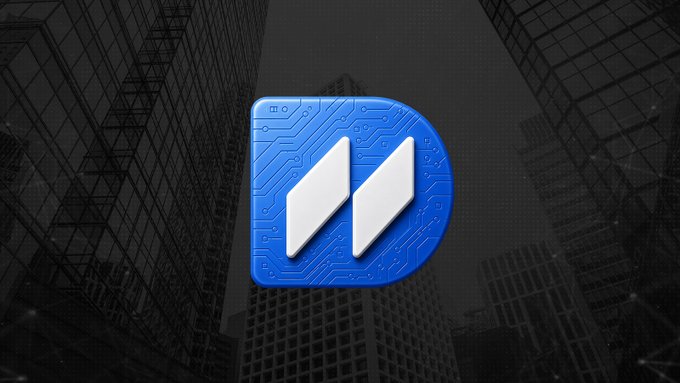 The image features a stylized blue logo with a white "M" design on a circuit board pattern, set against a dark backdrop of skyscrapers, symbolizing the institutional blockchain infrastructure of Memento Chain where DEXTF is now live. The "M" icon represents the Memento platform, visually reinforcing the post's announcement about DEXTF's integration into Memento's institutional-grade blockchain.