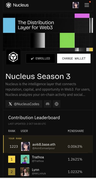 A screenshot of the Nucleus Season 3 platform page for Web3, showing 'The Distribution Layer for Web3' with a contribution leaderboard featuring users like Trathoa and Lynn.