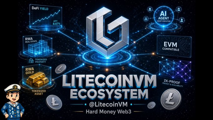 A promotional graphic for the LitecoinVM Ecosystem displays key features including "DeFi YIELD" (8.67% APY), "AI AGENT," "EVM COMPATIBLE," "RWA REAL ESTATE," "TOKENIZED PROPERTY," "RWA GOLD," "TOKENIZED ASSET," and "ZK-PROOF PRIVACY & SCALABILITY," with the tagline "Hard Money Web3" and the handle @LitecoinVM, visually representing LitVM's goal of bringing smart contracts, DeFi, real-world assets, and AI applications to Litecoin as an EVM-compatible Layer-2 zk-rollup.
