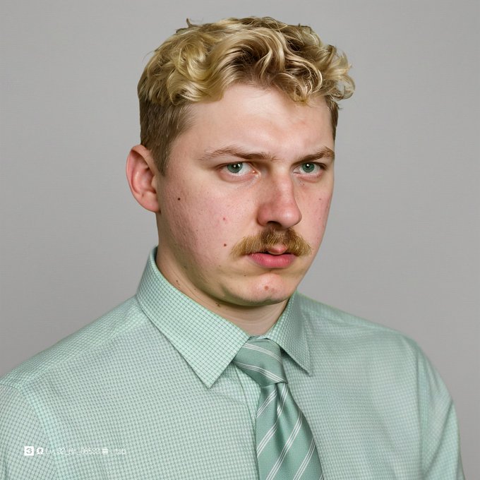 Portrait of a young man with curly blonde hair and a mustache, wearing a light green checkered shirt and striped tie, photographed against a plain gray background.