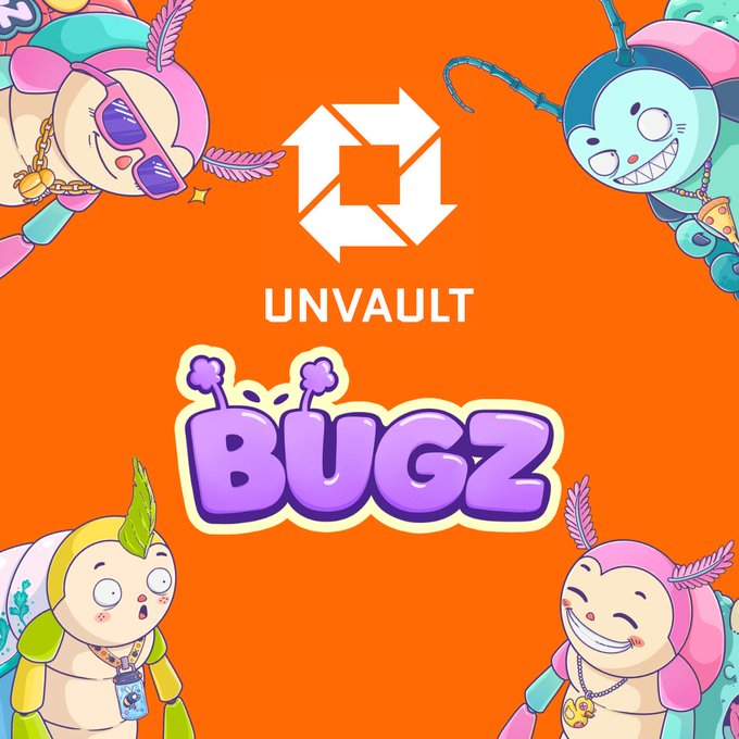 A bright orange graphic featuring cartoon bug-like characters in the corners, with a central logo and the text "UNVAULT" above large purple bubble letters spelling "BUGZ".