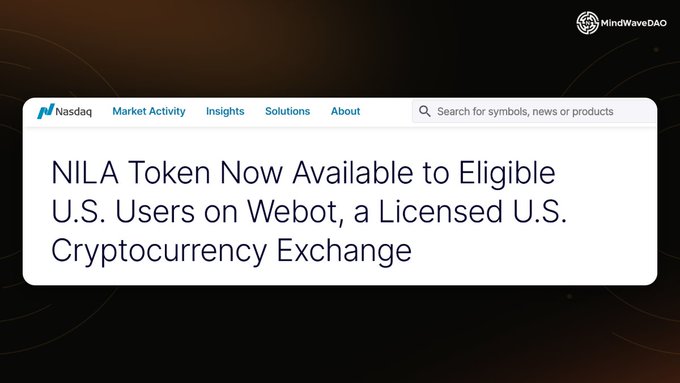 A Nasdaq webpage screenshot with the headline 'NILA Token Now Available to Eligible U.S. Users on Webot, a Licensed U.S. Cryptocurrency Exchange,' with a MindWaveDAO logo in the top right corner.