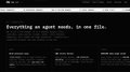A dark-themed webpage with the headline 'Everything an agent needs, in one file.' featuring sections for real-time data, raw SQL access, and direct cloud load.