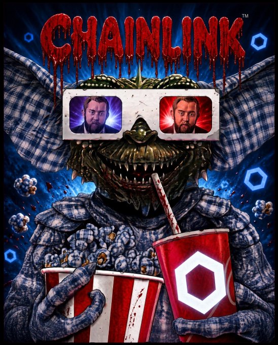 A horror-style movie poster titled 'CHAINLINK' featuring a monstrous gremlin-like creature in 3D glasses holding a bucket of popcorn, with two men's faces visible in the glasses and the Chainlink logo on the drink cup.