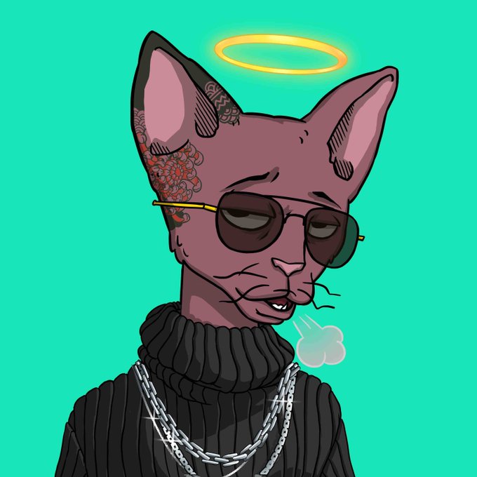 A stylized cartoon hairless cat (resembling a Sphynx) wearing sunglasses, a black turtleneck, and silver chains, with a golden halo above its head and smoke exhaled from its mouth, set against a bright teal background. The image serves as a flashy, hype-driven mascot for the NFT giveaway post, visually representing the "banger" winner vibe with its cool, angelic appearance.