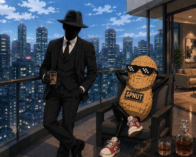 An illustration of a man in a black pinstripe suit and hat holding a drink on a balcony, sitting next to an anthropomorphic peanut character wearing pixel sunglasses and a "$PNUT" chain.