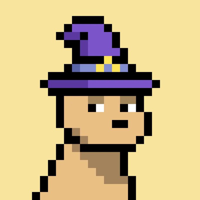 Pixel art of a character wearing a purple witch hat on a yellow background.