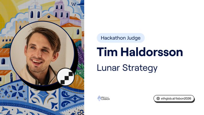 We need to write a concise 1-2 sentence caption describing what is in the image, including key text, numbers, tickers, names. Also note how image relates to the accompanying post.

The image shows a slide: left side colorful tile background with a circular portrait of Tim Haldorsson, with "Hackathon Judge" label, name "Tim Haldorsson", "Lunar Strategy". Bottom left logo "ETHGlobal LISBON". Bottom right URL "ethglobal.al/lisbon2026". So caption: "This slide introduces Tim Haldorsson, founder of Lunar Strategy, as a Hackathon Judge for ETHGlobal Lisbon 2026, featuring his portrait against a decorative tile backdrop." Also mention relation: aligns with post about meeting judges.

We need 1-2 sentences, concise. Include key text: "Hackathon Judge", "Tim Haldorsson", "Lunar Strategy", "ETHGlobal