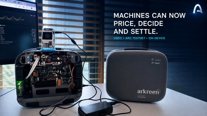 A promotional image showing an opened electronic device with circuitry next to an 'arkreen' branded box, with text reading 'MACHINES CAN NOW PRICE, DECIDE AND SETTLE. USDC • ARC TESTNET • ON-DEVICE'.