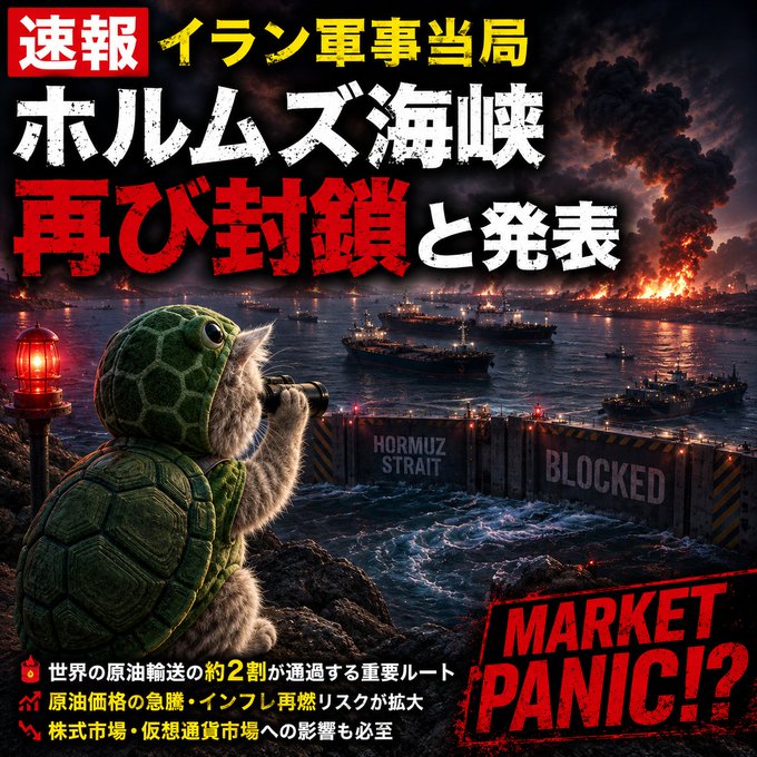 The image features a cat dressed as a turtle, wearing a green shell hat, standing on a rock near a body of water with a burning ship in the background. The cat appears to be looking at something or someone above it. The text in the image reads "market panic? #BTC !" and "#ビットコイン". This suggests that there might have been an event related to Bitcoin, such as a market crash or a significant increase in its value, which has caused people to panic about their investments.