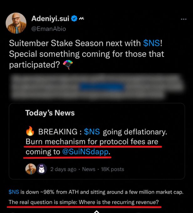 A tweet by Adeniyi.sui (@EmanAbio) announces "Suitember Stake Season next with $NS" and highlights a news item stating "$NS going deflationary. Burn mechanism for protocol fees are coming to @SuiNSdapp," while noting $NS is down ~98% from ATH with a market cap around a few million. The accompanying post critiques the token, noting ~$125k in lifetime mint/renewal revenue, ~$3M market cap, and questioning where recurring revenue actually comes from—echoing the tweet's underlying skepticism about $NS's fundamentals despite the bullish-sounding announcements.
