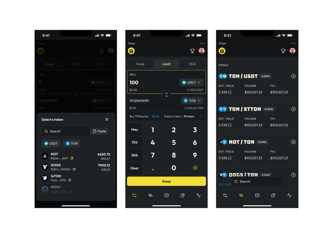 Three smartphone screenshots of a crypto trading app showing token selection (USDT, TON, NOT, DOGS, REDO), a limit order interface to sell 100 USDT for TON, and a staking pools list featuring TON/USDT, TON/STTON, NOT/TON, and DOGS/TON.