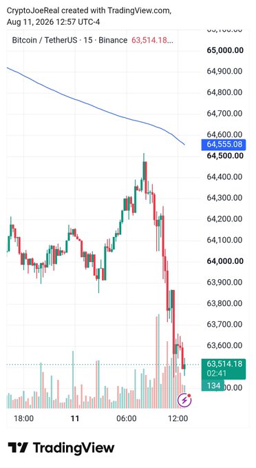 A TradingView cryptocurrency chart showing Bitcoin/TetherUS (BTCUSDT) on Binance, with a 15-minute timeframe and a current price of 63,514.18, created by CryptoJoeReal on Aug 11, 2026.