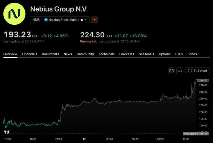 A stock market chart for 'Nebius Group N.V.' (NBIS) on Nasdaq shows a current price of 193.23 USD (+9.12, +4.95%) with a line graph illustrating an upward trend, and a pre-market price of 224.30 USD (+31.07, +16.08%).