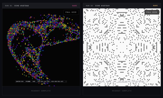 Two side-by-side digital art panels showing a skull-like figure made of colorful pixels on black background and a corresponding QR-like pattern on white background, labeled 'RUN 01 ECHO #107348' and 'RUN 02 ECHO #107349' with 'RARE' tags.