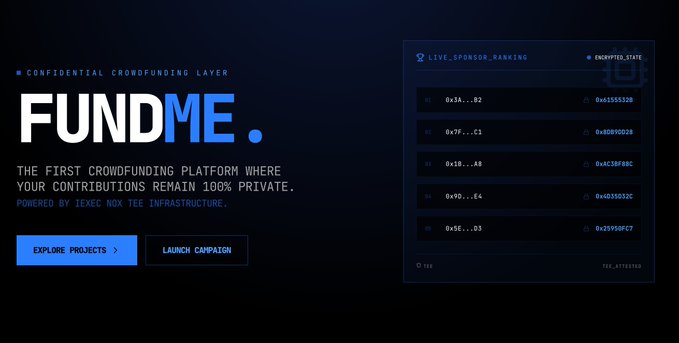 A dark promotional graphic for "FUNDME." branding it as a confidential crowdfunding layer powered by "IEXEC NOX TEE INFRASTRUCTURE," featuring call-to-action buttons "EXPLORE PROJECTS" and "LAUNCH CAMPAIGN" alongside a stylized "LIVE_SPONSOR_RANKING" leaderboard showing anonymized wallet addresses, illustrating the platform's privacy-first approach to onchain contributions described in the post.
